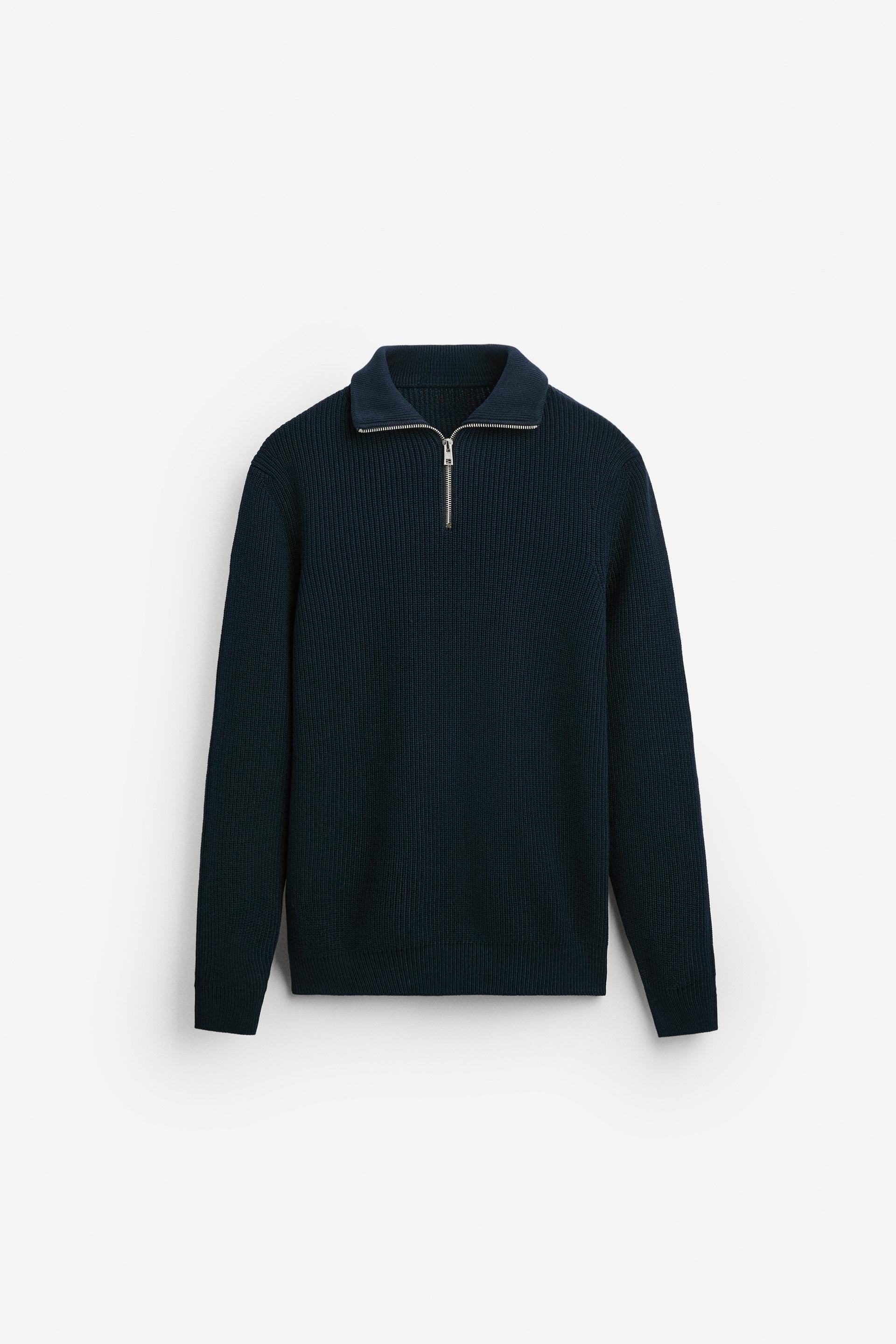 Cashwool ribbed trui halve rits navy blauw