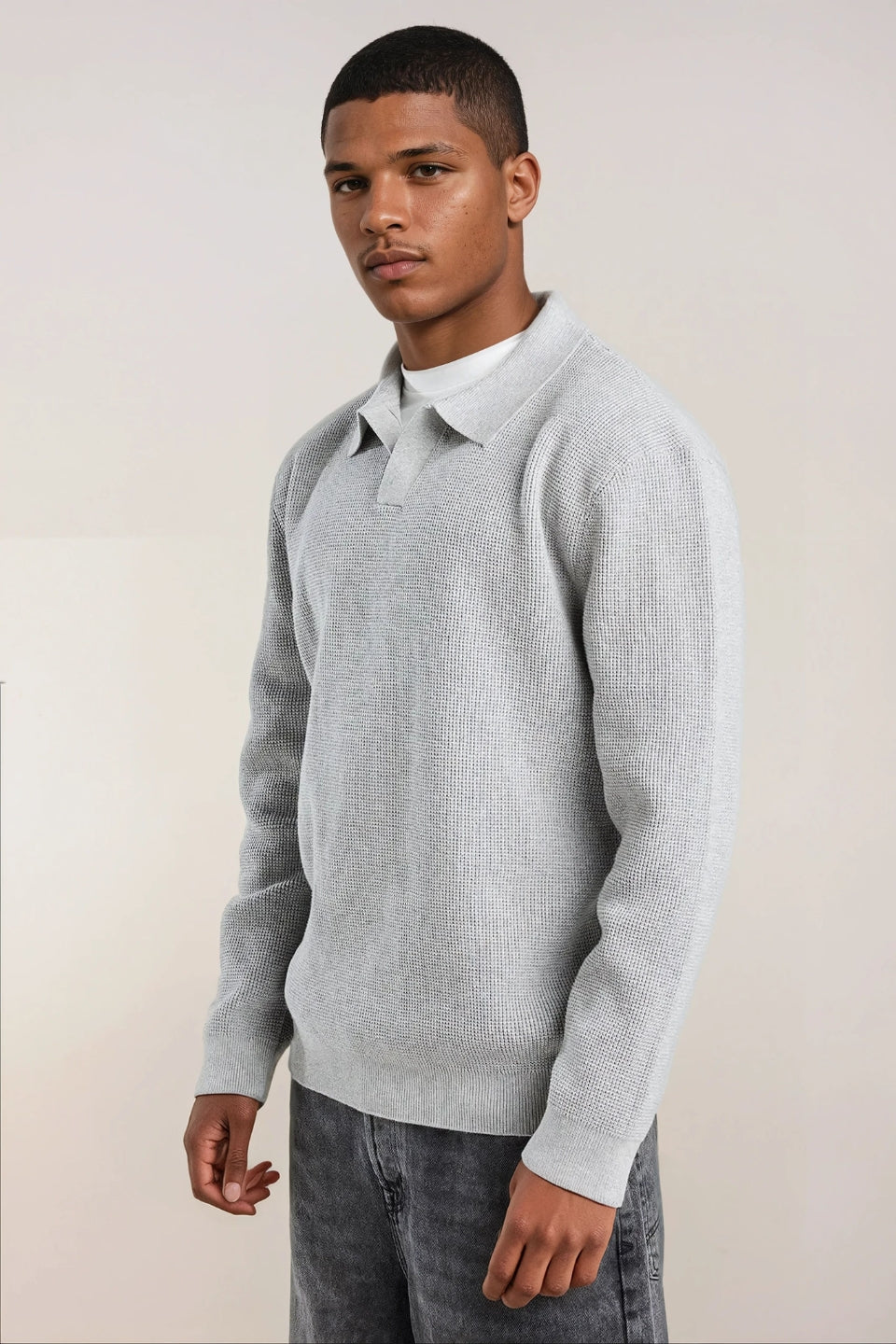 Katoenen polo trui met structuur grijs