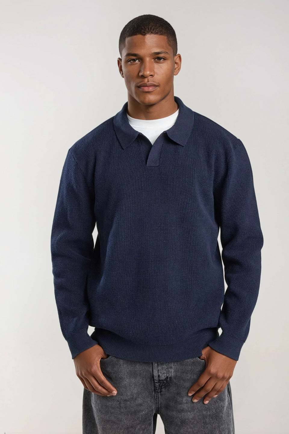 Katoenen polo trui met structuur blauw