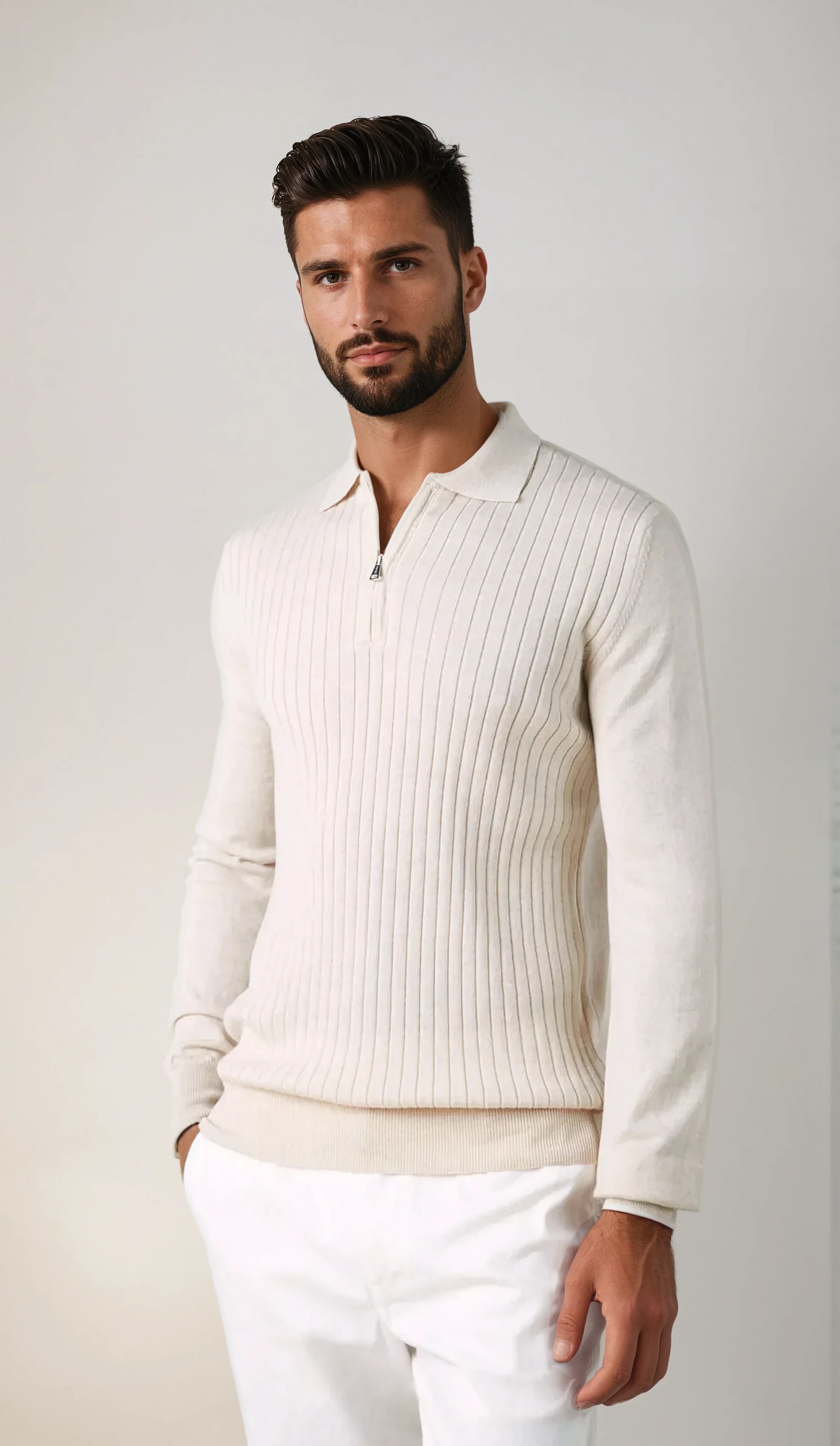 cashwool polo lang halve rits gebroken wit