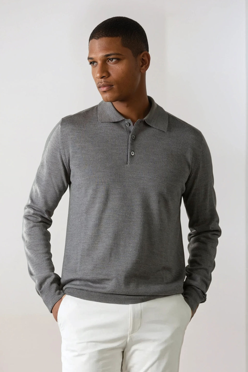 Cashwool polo knoopjes lang grijs