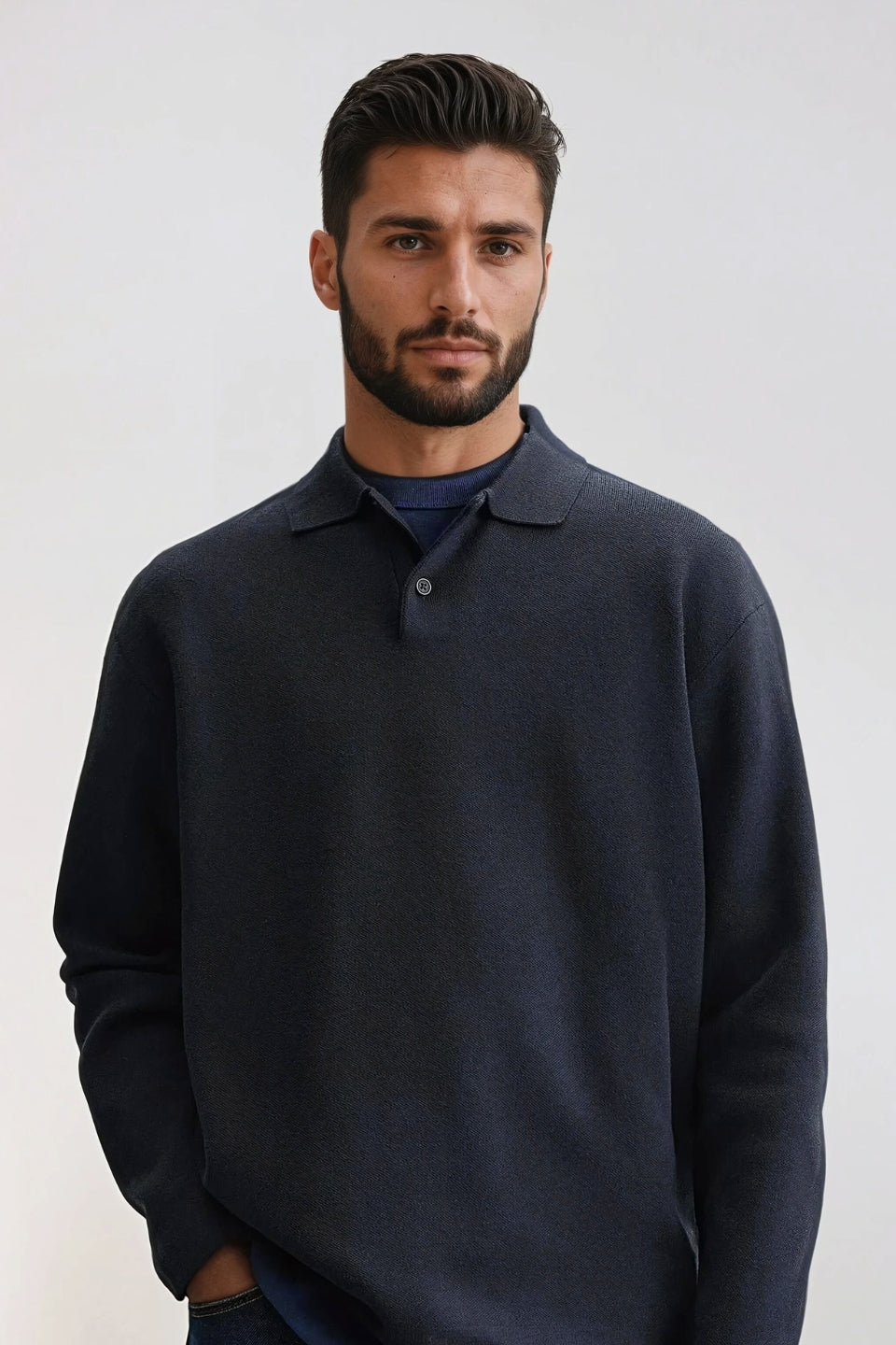 Katoen polo knoopjes lang navy blauw