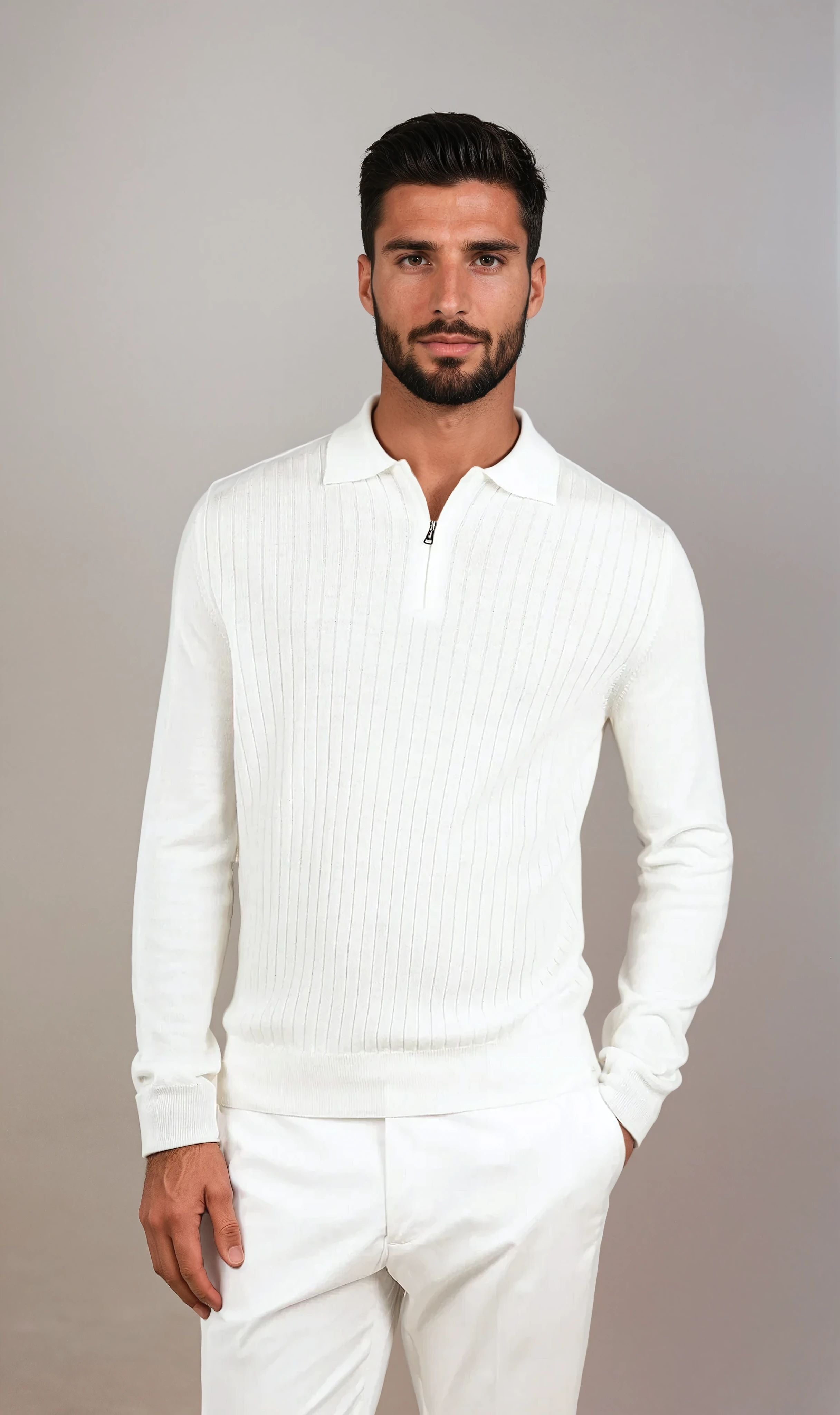 cashwool polo lang halve rits wit
